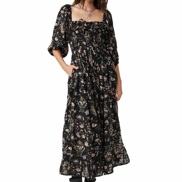 FREE PEOPLE Oasis Floral Printed Midi Dress Black Combo - M - Picture 2 of 5